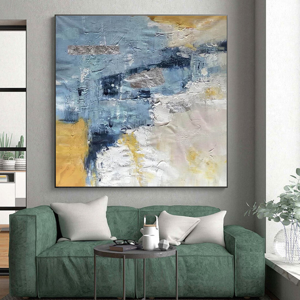 Hand-Painted Blue, Gold & Gray Textured Abstract, Modern Art Acrylic HS250