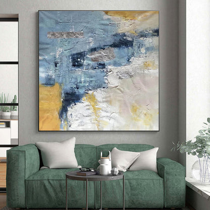 Hand-Painted Blue, Gold & Gray Textured Abstract, Modern Art Acrylic HS250