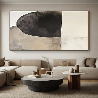 Oversized Abstract Wall Art Black, White, and Beige Abstract Organic Shape Painting For Sale HS156