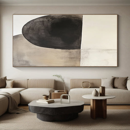 Oversized Abstract Wall Art Black, White, and Beige Abstract Organic Shape Painting For Sale HS156