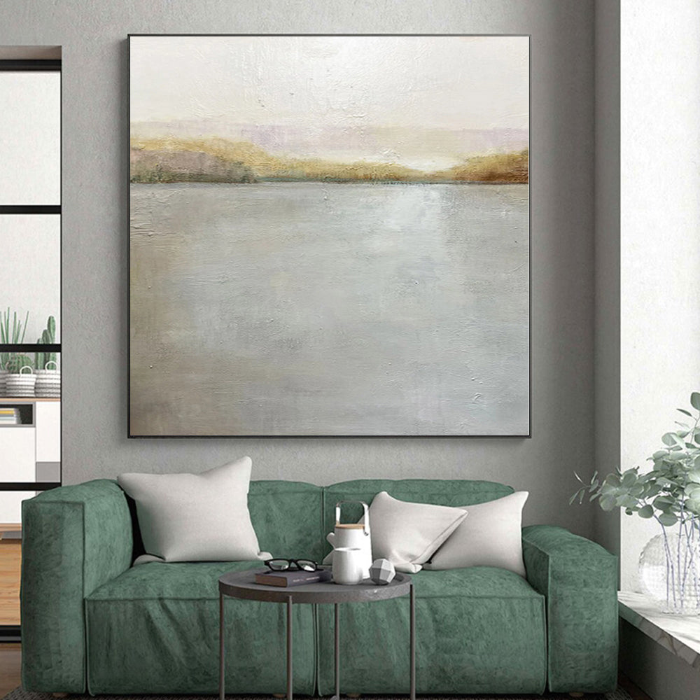 Hand Painted Art Gray and Beige Abstract Lakeside Painting For Sale HS082