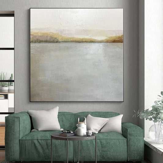 Hand Painted Art Gray and Beige Abstract Lakeside Painting For Sale HS082