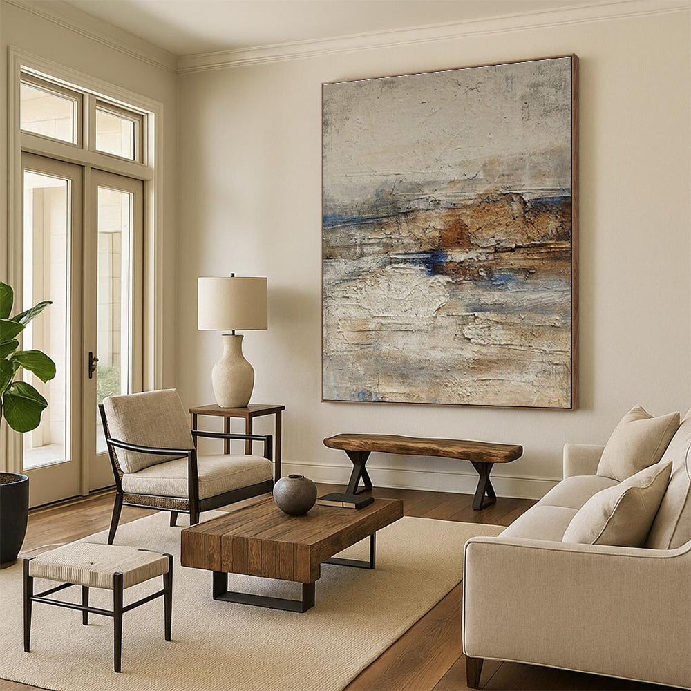 Handmade Art Beige, Brown, and Blue Textured Abstract Landscape HS630