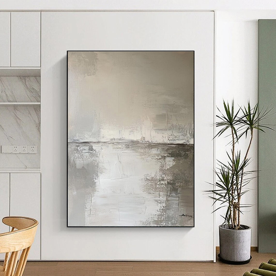 Gray and White Textured Abstract Seaside Painting For Sale Online WS487