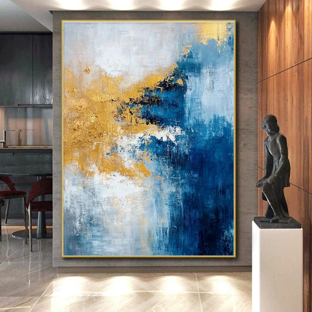 Acrylic Modern Art Paintings Blue, Gold, and White Abstract Art HS654