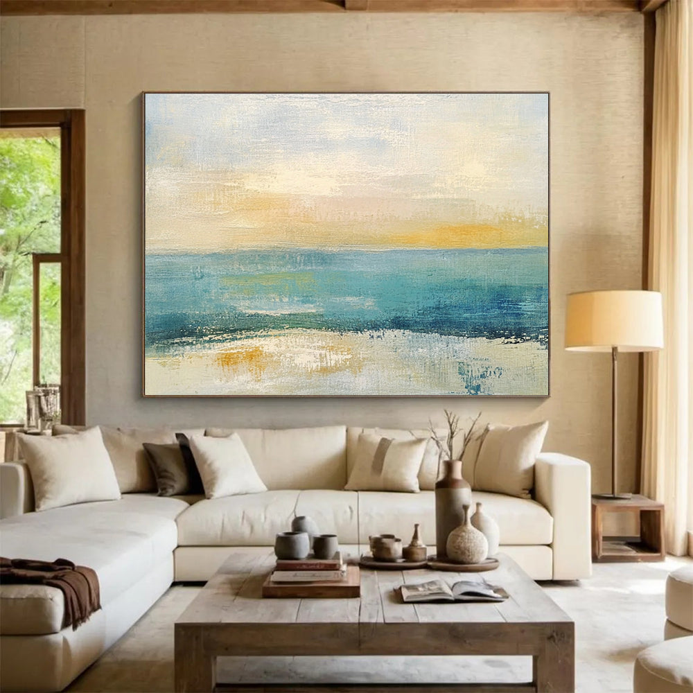 Oversized Canvas Art Blue, Yellow, and White Abstract Coastal Scene - Acrylic Painting WB273