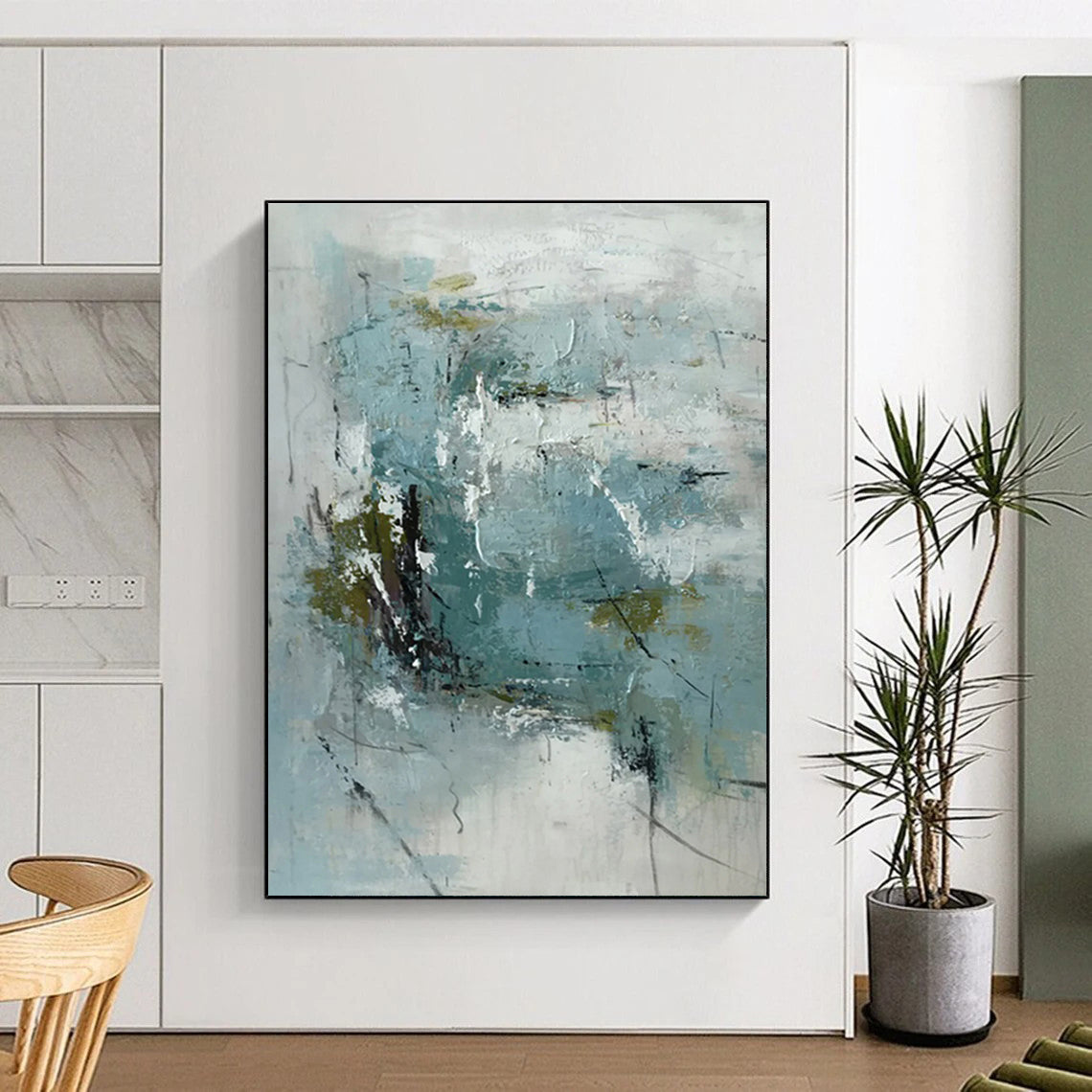 Handmade Art Teal & White Textured Abstract, Minimalist Canvas Art HS422