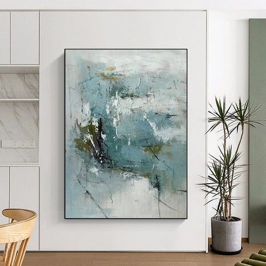 Handmade Art Teal & White Textured Abstract, Minimalist Canvas Art HS422