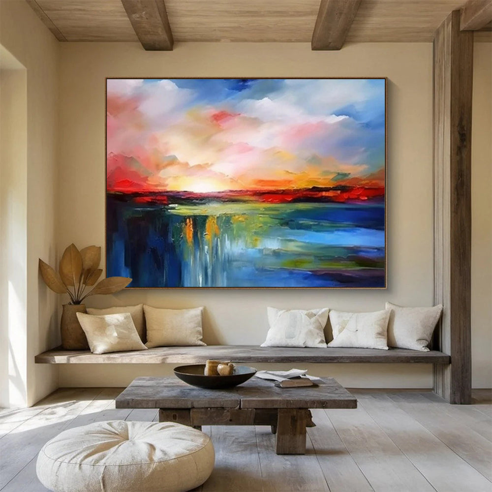 Hand Painted Art: Multicolor Sunset Landscape Abstract Painting WB369