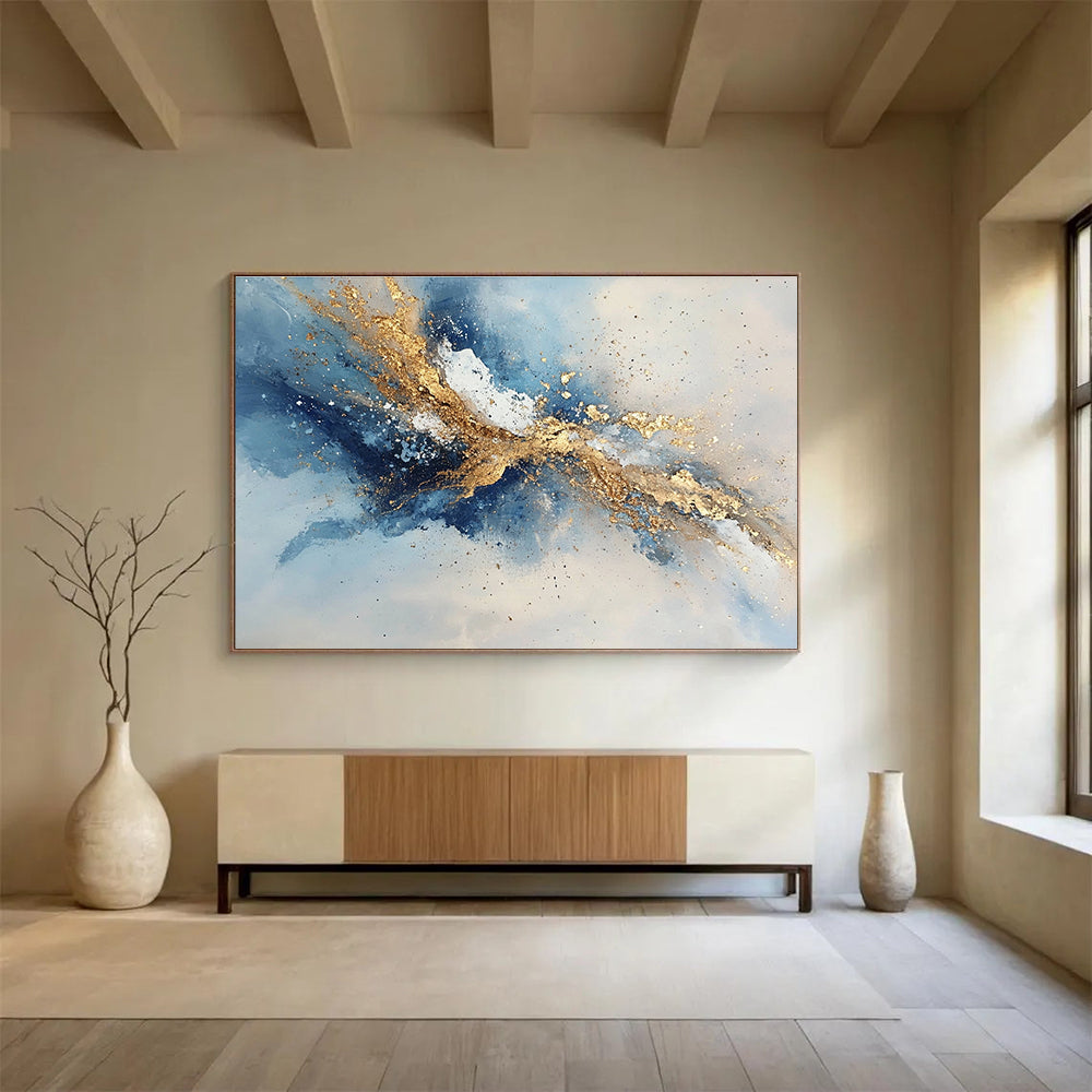 Oversized Canvas Art in Blue, Gold, and White Textured Abstract Style WB264