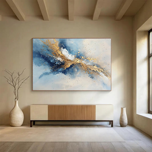 Oversized Canvas Art in Blue, Gold, and White Textured Abstract Style WB264