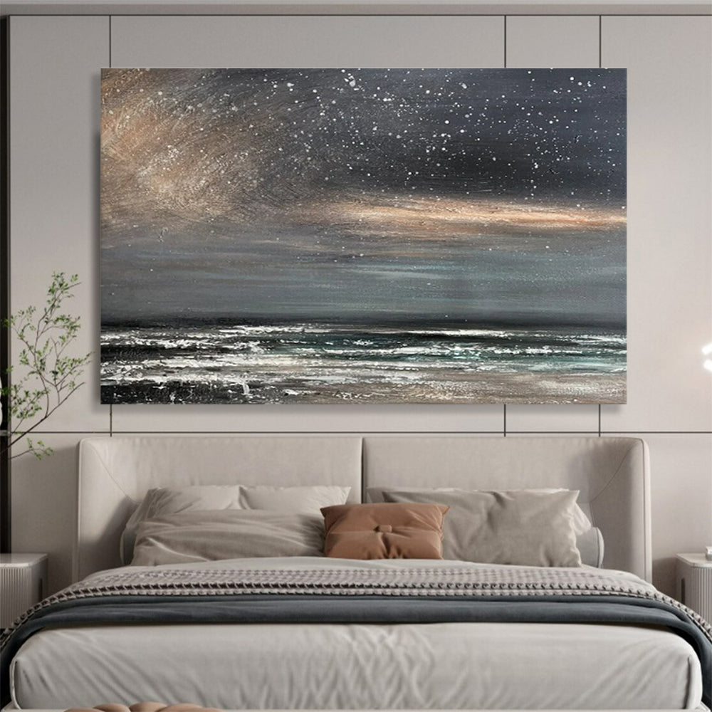 Gray, Black, White Abstract Starry Seascape Art For Sale WB409