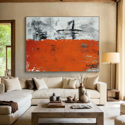 Hand Painting Orange, Black & White Textured Abstract Geometric Art HS402