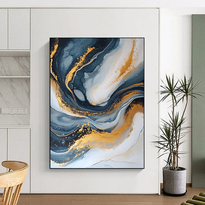 Modern Art Acrylic Black, White, and Gold Abstract Marble Painting For Sale HS114
