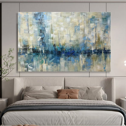 Oversized Canvas Art Blue and Beige Abstract Harbor Reflection Painting WB057