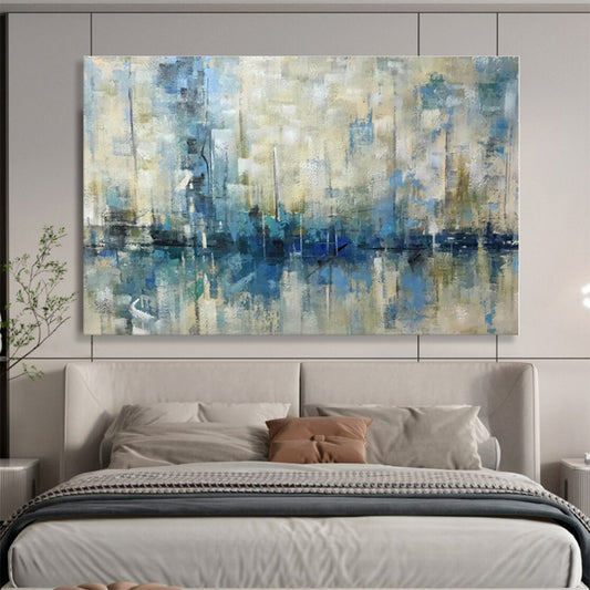 Oversized Canvas Art Blue and Beige Abstract Harbor Reflection Painting WB057