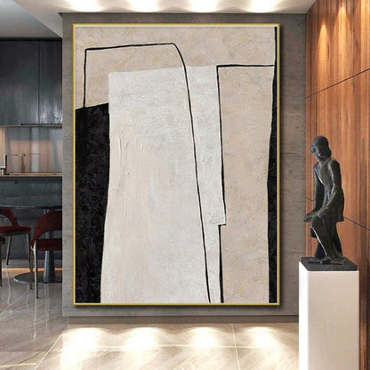 Hand Painted Art Beige, Black, and White Geometric Abstract Art HS698