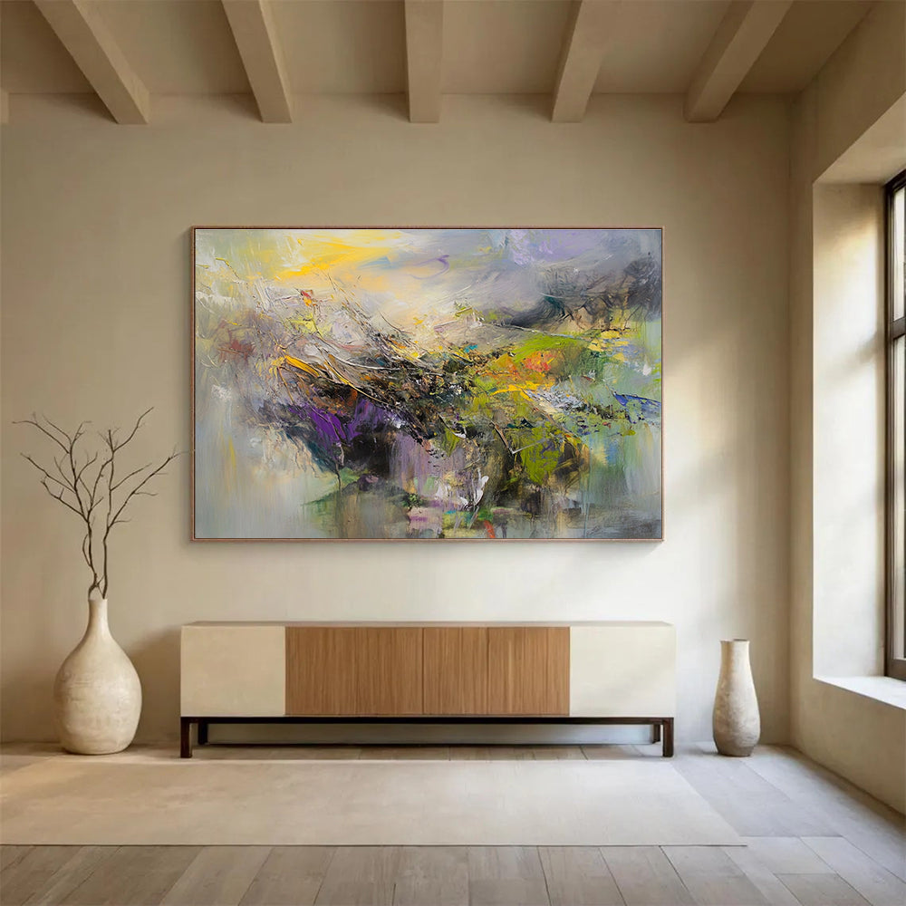 Modern Art Abstract Paintings with Yellow, Purple, Green and Gray Colors, Landscape Abstract Theme WB307