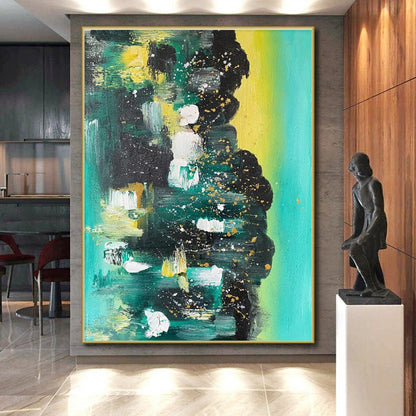Handmade Art Teal, Black & Gold Speckled Abstract, Large Contemporary Wall Art HS212