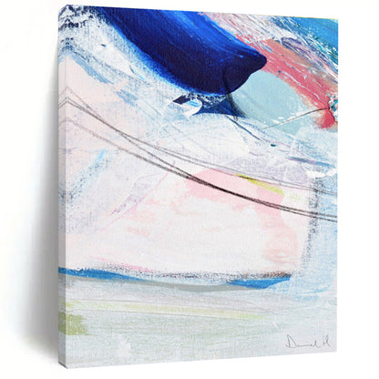 Hand Painted Art Blue, Pink & White Gestural Abstract, Large Painting In Living Room HS236