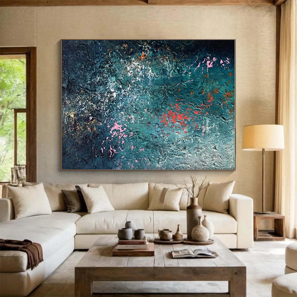 Unique Abstract Art Teal, Pink & Orange Textured Abstract, Large Contemporary Wall Art HS275