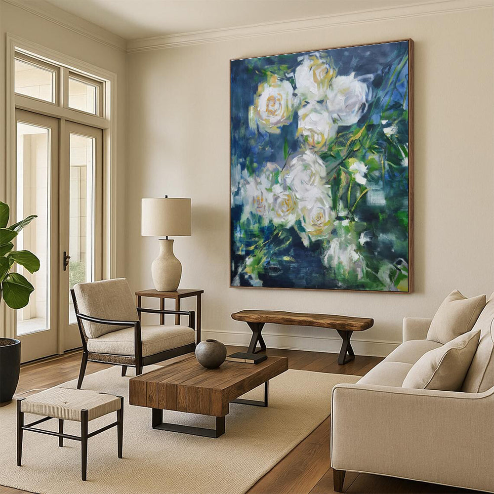 Hand Painted Art White Floral on Blue Abstract Painting HS608