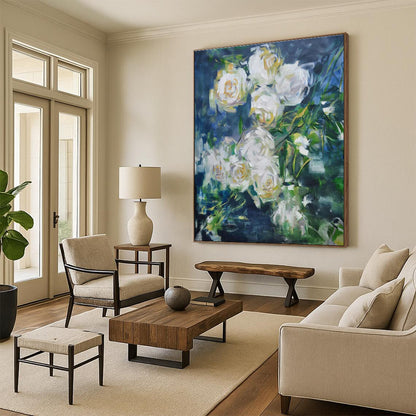 Hand Painted Art White Floral on Blue Abstract Painting HS608