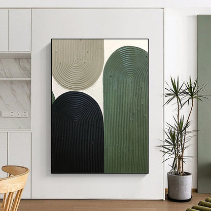 Hand-Painted Green, Black, and Beige Abstract Curved Shape Textured Painting For Sale HS030