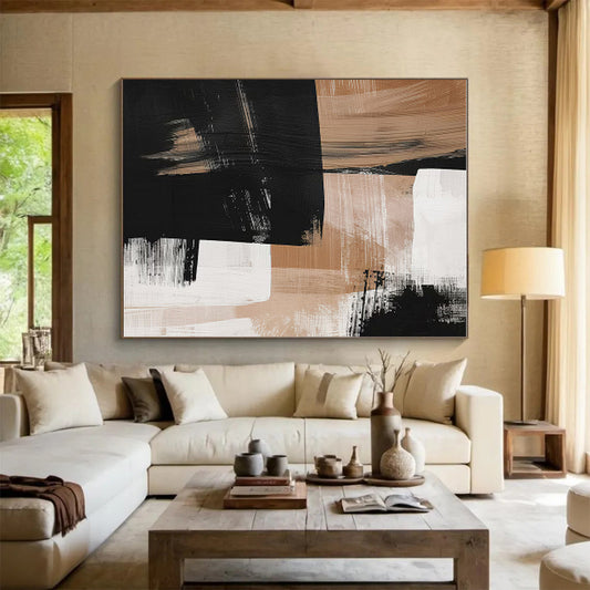Hand-Painted Black, Beige & White Gestural Abstract, Acrylic Modern Art Painting HS442