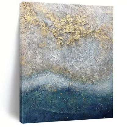 Hand-Painted Gray, Blue, and Gold Textured Abstract Painting For Sale HS005