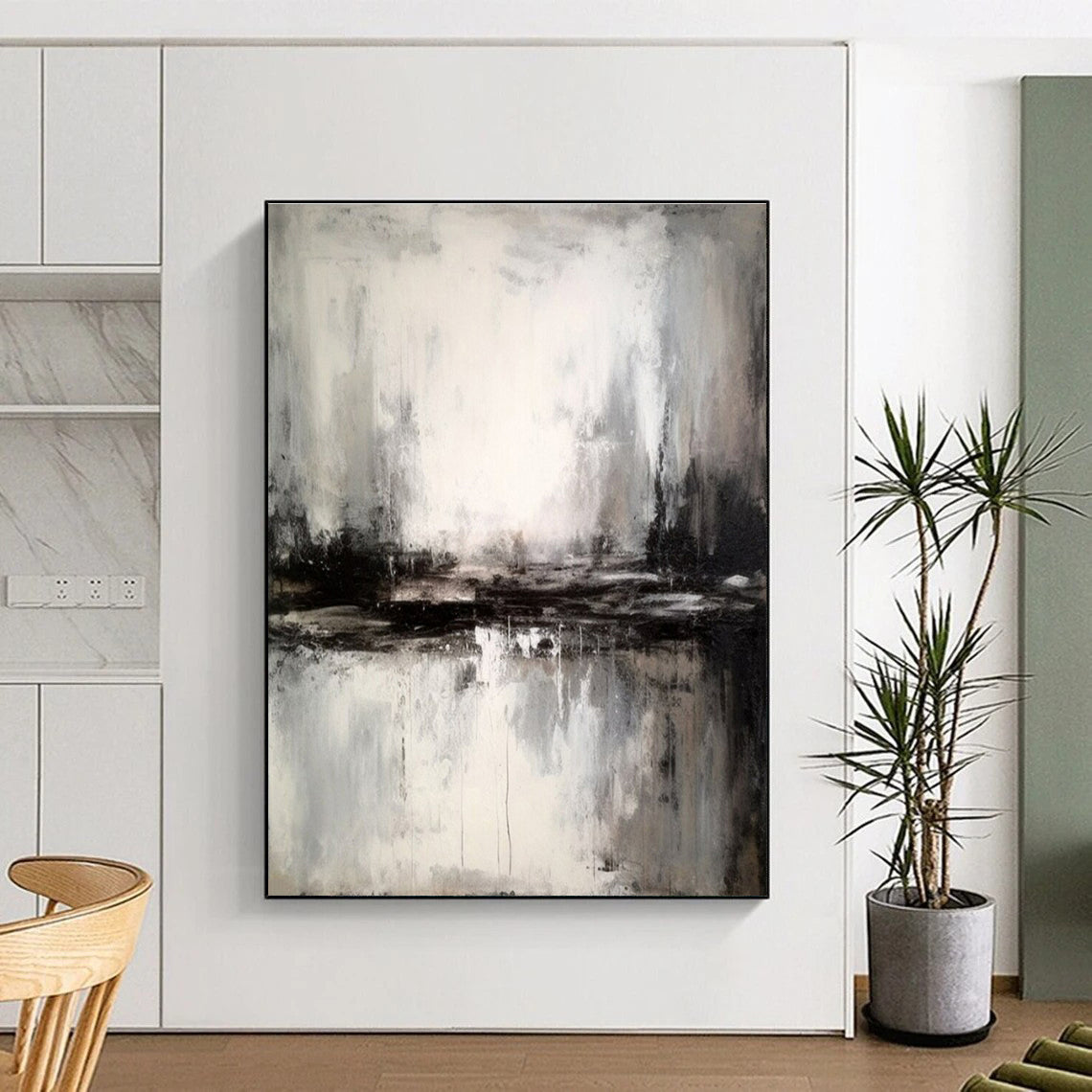 Hand-Painted Minimalist Canvas Art with Black, White, Gray Misty Textures - Large Painting In Living Room HS528