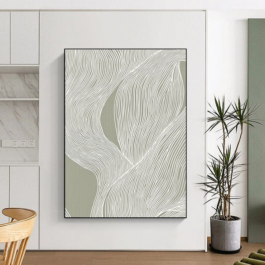 Hand Painted Art Green and White Linear Abstract Art HS192
