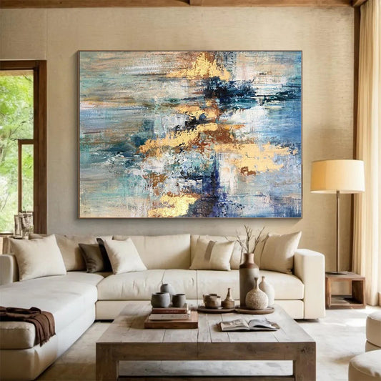 Hand Painted Art Blue & Gold Textured Abstract, Acrylic Modern Art Paintings HS440