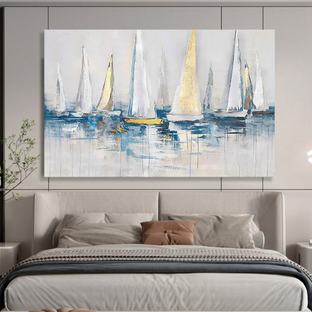 Oversized Canvas Art in Blue, White, and Gold Abstract Sailboat Style WB228