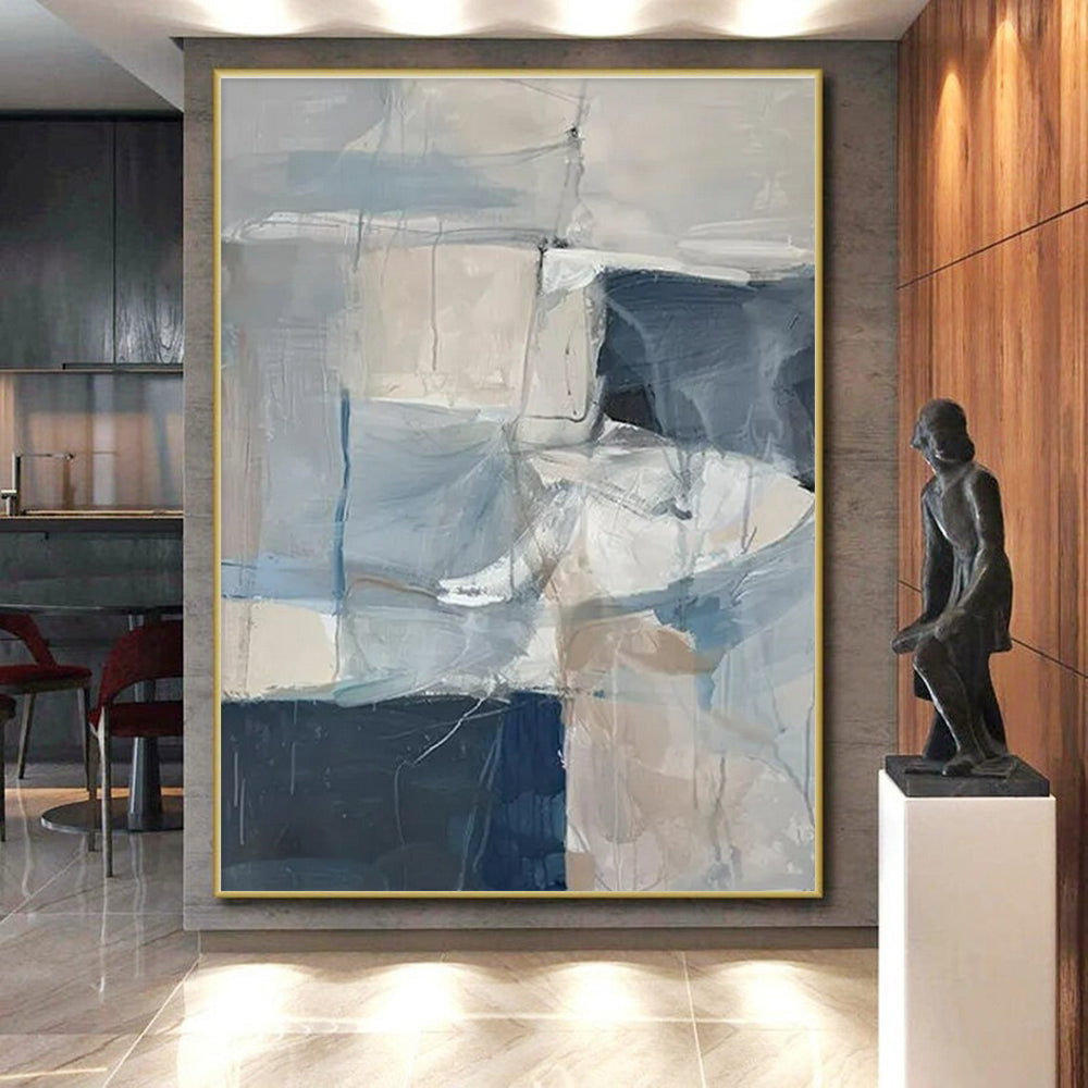 Modern Art Acrylic Blue, Gray, and Beige Geometric Abstract Art HS722