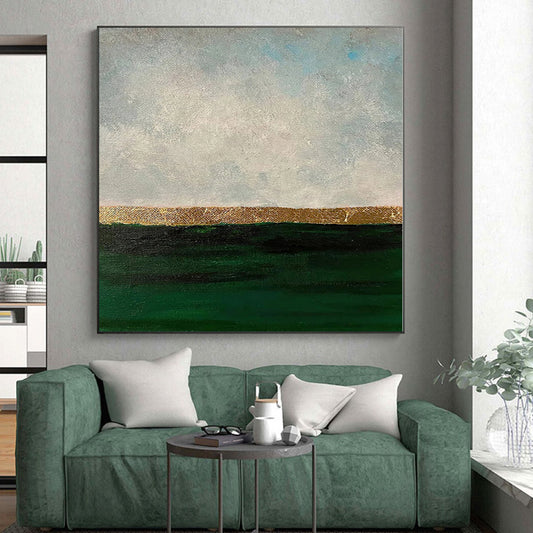 Hand-Painted Green, Gold, and Gray Abstract Landscape Painting For Sale HS045