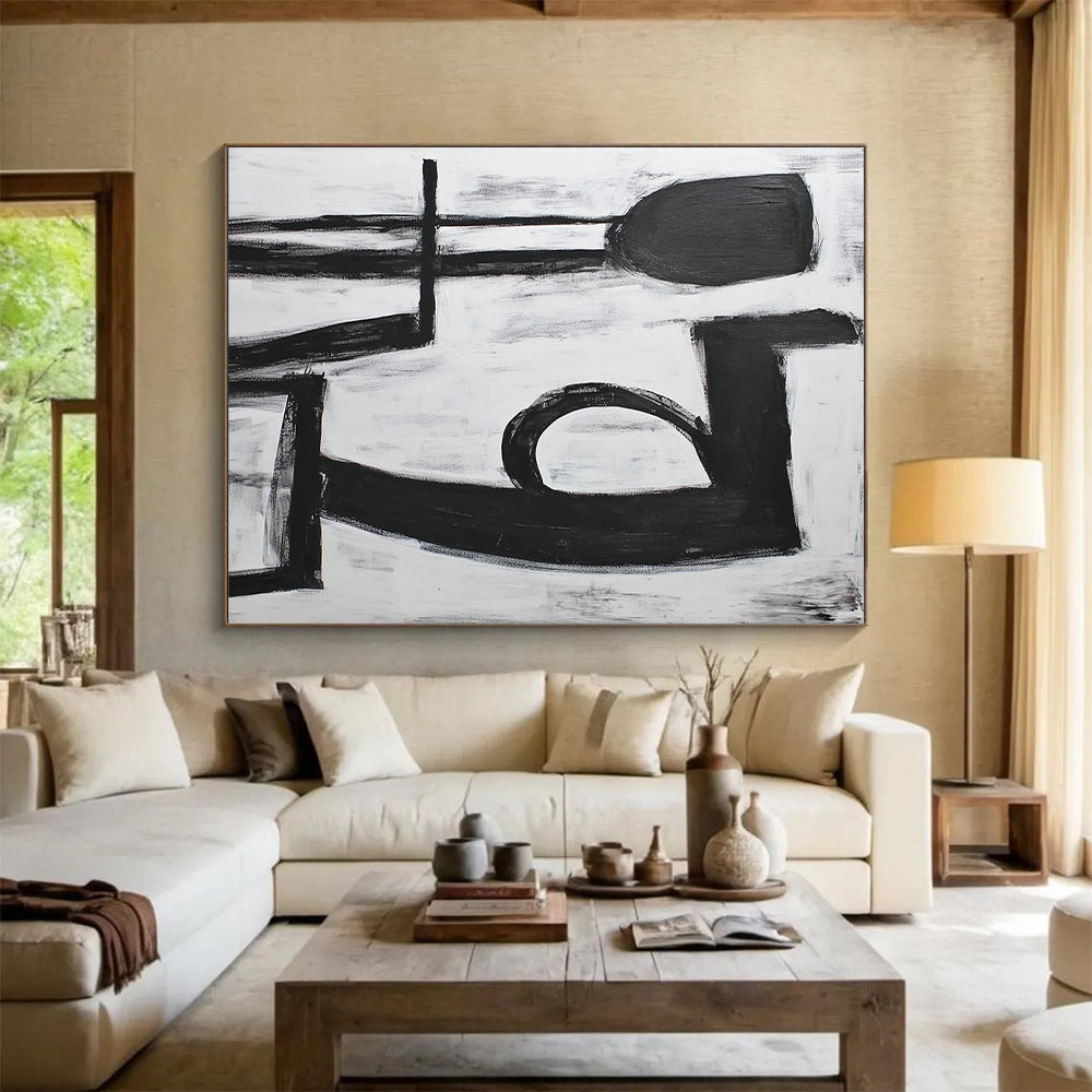 Hand-Painted Black and White Geometric Abstract Art HS194