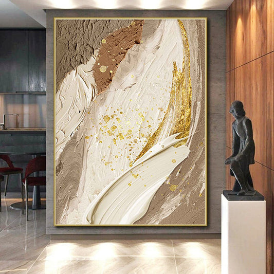 Handmade Art Beige, Gold, and Brown Abstract Textured Painting For Sale HS072
