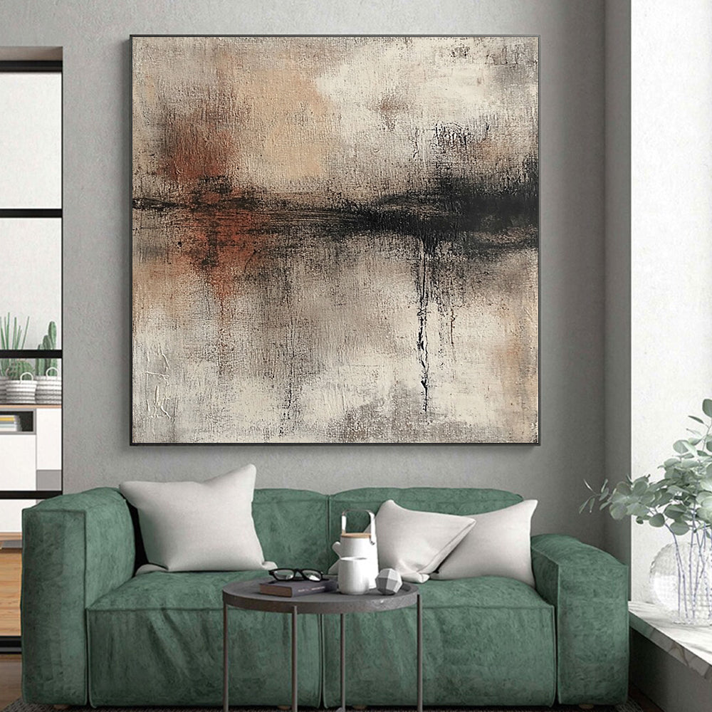 Hand-Painted Beige, Gray, and Black Abstract Textured Painting For Sale HS131