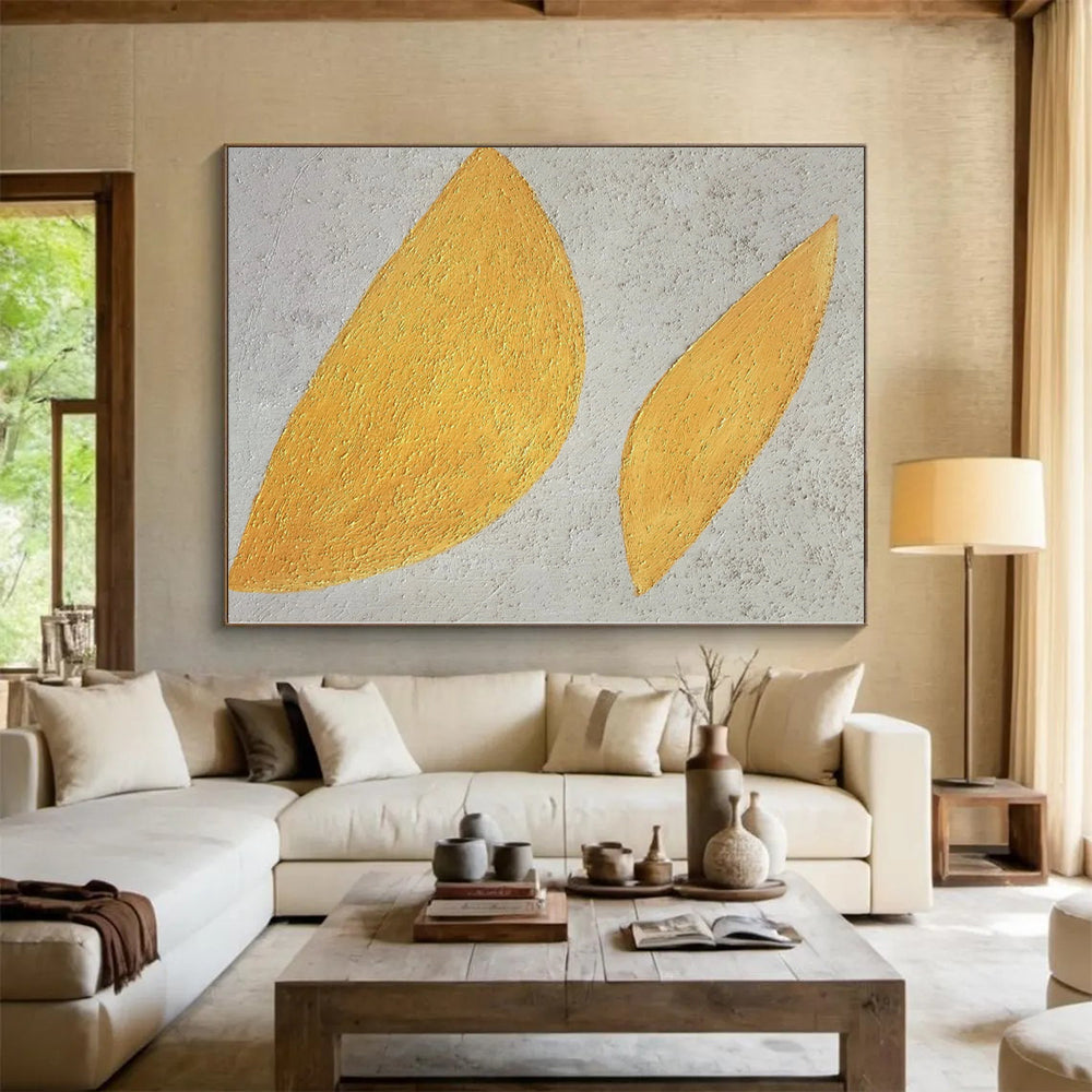 Hand-Painted Yellow and Gray Textured Abstract Leaf-Shaped Painting For Sale HS022