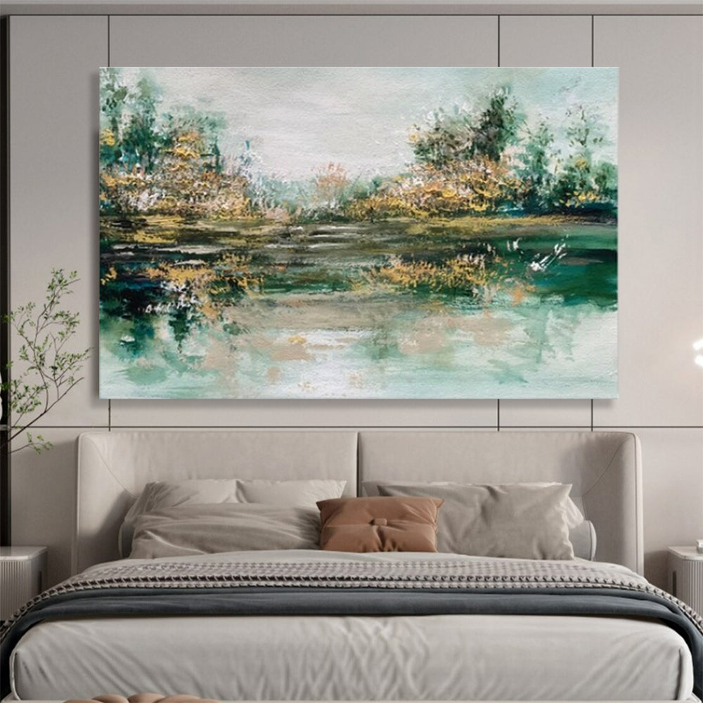 Contemporary Abstract Painting: Green and Beige Forest Lake Abstract Painting WB346