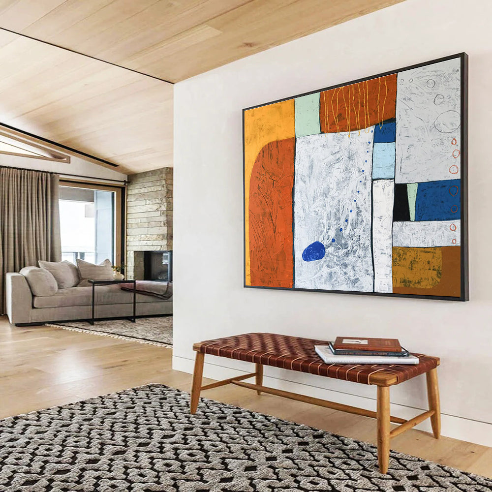 Orange, Blue, White Abstract Geometric Art For Sale WB414