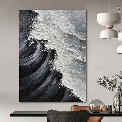Black and White Textured Wave Abstract Painting For Sale WS506