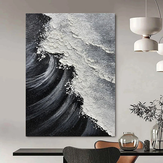 Black and White Textured Wave Abstract Painting For Sale WS506
