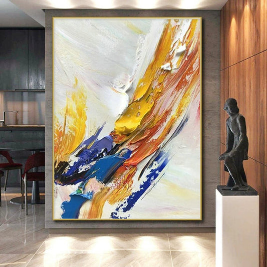 Handmade Art Unique Abstract Art with Yellow, Blue, Red, White Textured Brushstrokes - Acrylic Modern Art Painting HS520