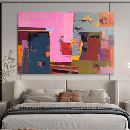 Huge Size Pink, Teal, and Multicolor Geometric Abstract Art, Abstract Acrylic Painting WB165