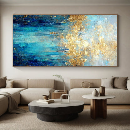 Hand Painted Art Teal, Gold, and Blue Abstract Landscape HS658