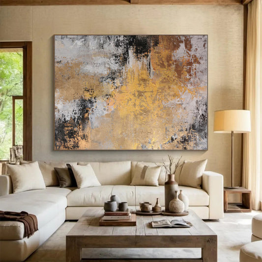Gaint Canvas Art Gold, Gray & Black Textured Abstract, Oversized Abstract Wall Art HS278