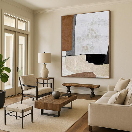 Big Painting Brown, White, and Black Abstract Geometric Painting For Sale HS087