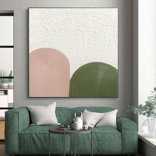 Hand-Painted Pink, Green, and White Abstract Curved Shape Textured Painting For Sale HS036